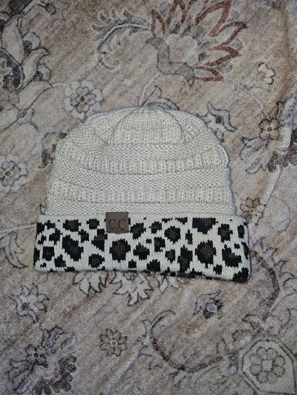 CC Boutique Cream Knit Beanie with Black Leopard Cuff